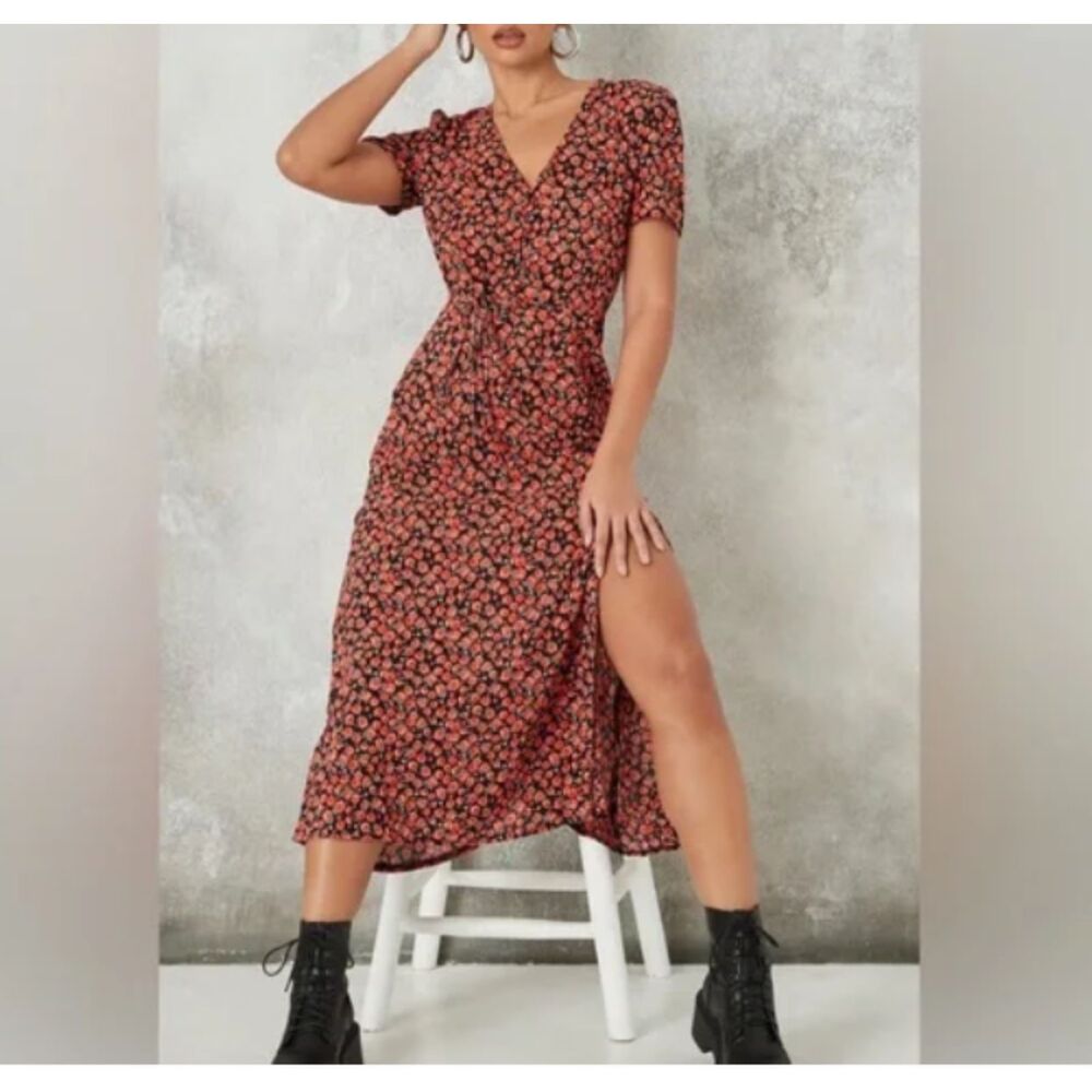 Missguided Floral Tea Dress Women’s 8 Midi Fit & Flare Button Front Cottagecore